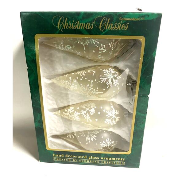 4 VTG Commodore Christmas Classics Ornaments Glass Teardrop Frosted European - Picture 1 of 9